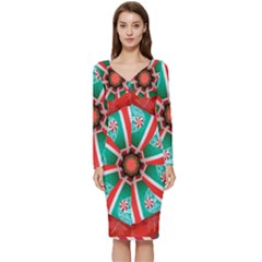 Christmas Kaleidoscope Long Sleeve V-neck Bodycon Dress  by artworkshop