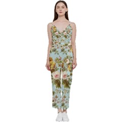 Flowers Vintage Floral V-neck Spaghetti Strap Tie Front Jumpsuit