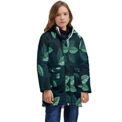 Leaves Pattern Kid s Hooded Longline Puffer Jacket by artworkshop