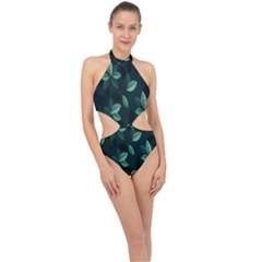 Leaves Pattern Halter Side Cut Swimsuit by artworkshop