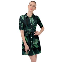 Leaves Pattern Belted Shirt Dress by artworkshop