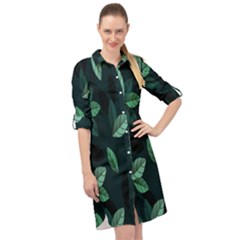 Leaves Pattern Long Sleeve Mini Shirt Dress by artworkshop