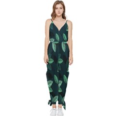 Leaves Pattern Sleeveless Tie Ankle Chiffon Jumpsuit by artworkshop