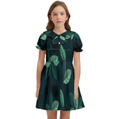 Leaves Pattern Kids  Bow Tie Puff Sleeve Dress by artworkshop