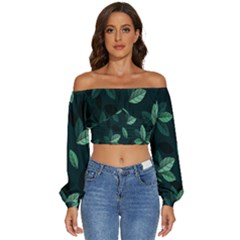 Leaves Pattern Long Sleeve Crinkled Weave Crop Top