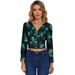 Leaves Pattern Long Sleeve V-neck Top