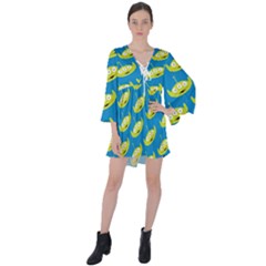 Pattern Aliens V-neck Flare Sleeve Mini Dress by artworkshop