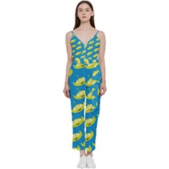 Pattern Aliens V-neck Spaghetti Strap Tie Front Jumpsuit