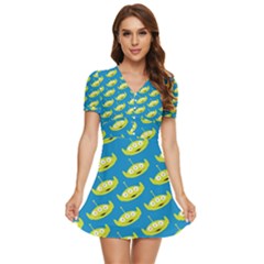 Pattern Aliens V-neck High Waist Chiffon Mini Dress