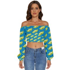 Pattern Aliens Long Sleeve Crinkled Weave Crop Top