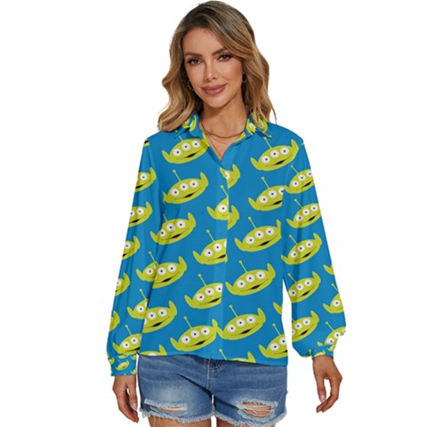 Pattern Aliens Women s Long Sleeve Button Down Shirt by artworkshop