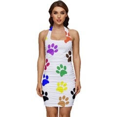 Pawprints Sleeveless Wide Square Neckline Ruched Bodycon Dress