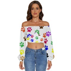 Pawprints Long Sleeve Crinkled Weave Crop Top