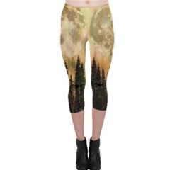 Moon Nature Forest Pine Trees Sky Full Moon Night Capri Leggings  by danenraven