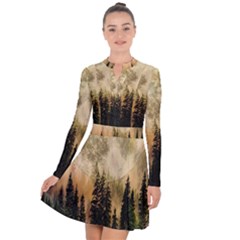 Moon Nature Forest Pine Trees Sky Full Moon Night Long Sleeve Panel Dress by danenraven