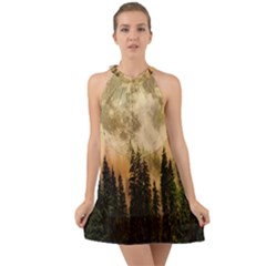 Moon Nature Forest Pine Trees Sky Full Moon Night Halter Tie Back Chiffon Dress by danenraven