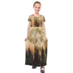 Moon Nature Forest Pine Trees Sky Full Moon Night Kids  Short Sleeve Maxi Dress