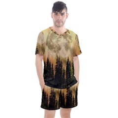 Moon Nature Forest Pine Trees Sky Full Moon Night Men s Mesh Tee And Shorts Set