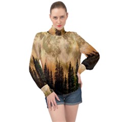 Moon Nature Forest Pine Trees Sky Full Moon Night High Neck Long Sleeve Chiffon Top by danenraven