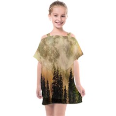 Moon Nature Forest Pine Trees Sky Full Moon Night Kids  One Piece Chiffon Dress