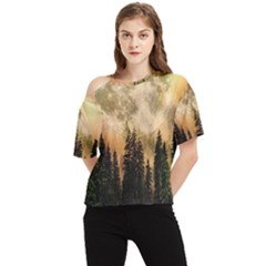 Moon Nature Forest Pine Trees Sky Full Moon Night One Shoulder Cut Out Tee