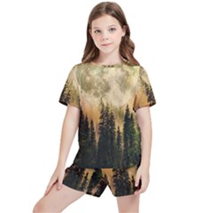 Moon Nature Forest Pine Trees Sky Full Moon Night Kids  Tee And Sports Shorts Set by danenraven