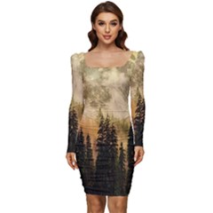 Moon Nature Forest Pine Trees Sky Full Moon Night Women Long Sleeve Ruched Stretch Jersey Dress by danenraven