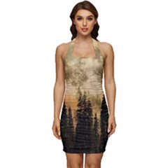 Moon Nature Forest Pine Trees Sky Full Moon Night Sleeveless Wide Square Neckline Ruched Bodycon Dress