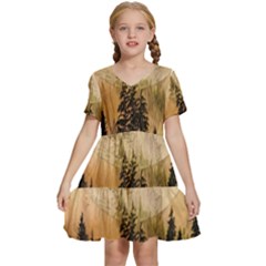 Moon Nature Forest Pine Trees Sky Full Moon Night Kids  Short Sleeve Tiered Mini Dress