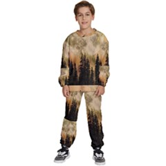 Moon Nature Forest Pine Trees Sky Full Moon Night Kids  Sweatshirt Set