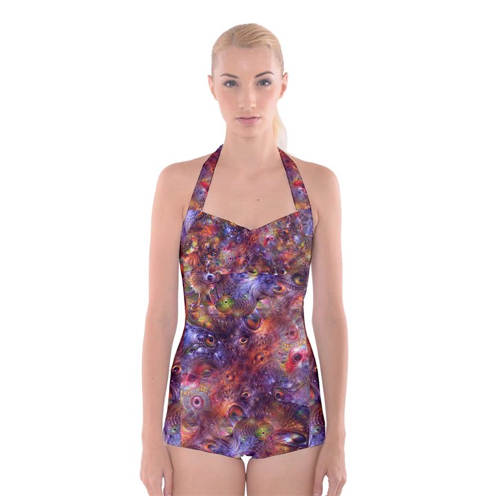 Fantasy Surreal Animals Psychedelic Pattern Boyleg Halter Swimsuit 