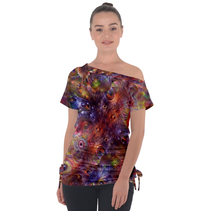 Fantasy Surreal Animals Psychedelic Pattern Off Shoulder Tie-Up Tee