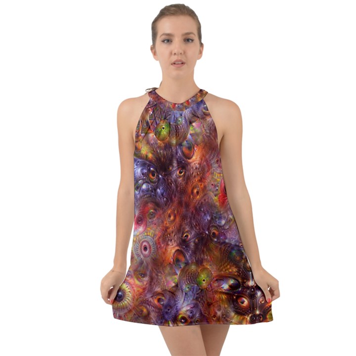 Fantasy Surreal Animals Psychedelic Pattern Halter Tie Back Chiffon Dress