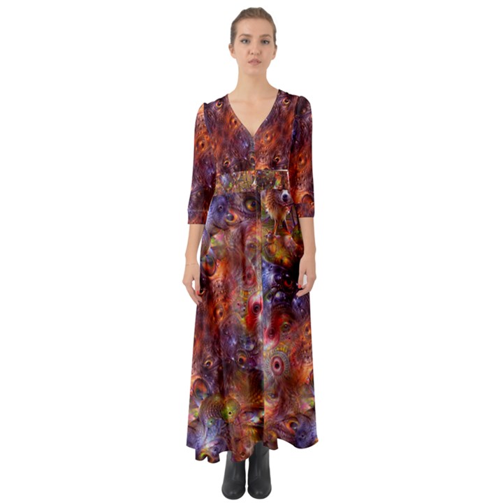 Fantasy Surreal Animals Psychedelic Pattern Button Up Boho Maxi Dress