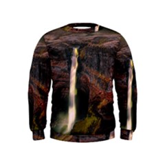 Waterfall Cascade Mountains Cliffs Northern Lights Kids  Sweatshirt by danenraven