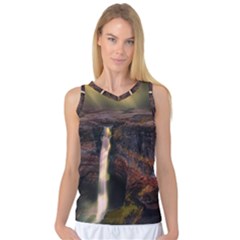 Waterfall Cascade Mountains Cliffs Northern Lights Women s Basketball Tank Top