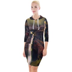 Waterfall Cascade Mountains Cliffs Northern Lights Quarter Sleeve Hood Bodycon Dress by danenraven