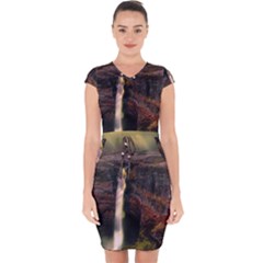 Waterfall Cascade Mountains Cliffs Northern Lights Capsleeve Drawstring Dress  by danenraven