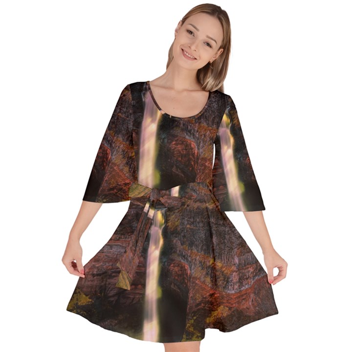 Waterfall Cascade Mountains Cliffs Northern Lights Velour Kimono Dress