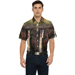 Waterfall Cascade Mountains Cliffs Northern Lights Men s Short Sleeve Pocket Shirt  by danenraven