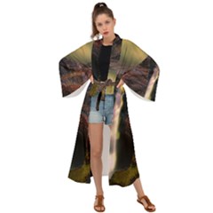 Waterfall Cascade Mountains Cliffs Northern Lights Maxi Kimono by danenraven