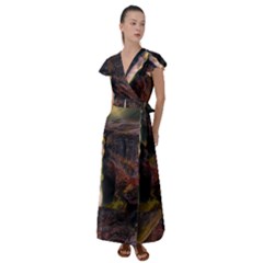 Waterfall Cascade Mountains Cliffs Northern Lights Flutter Sleeve Maxi Dress by danenraven