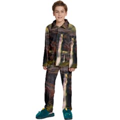 Waterfall Cascade Mountains Cliffs Northern Lights Kids  Long Sleeve Velvet Pajamas Set