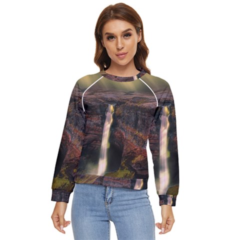 Waterfall Cascade Mountains Cliffs Northern Lights Women s Long Sleeve Raglan Tee by danenraven