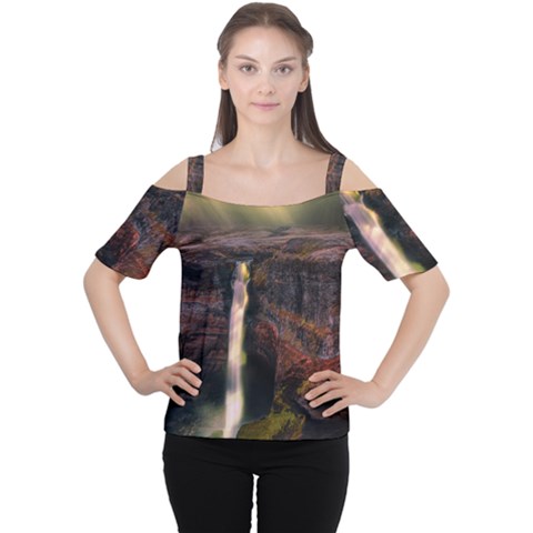 Waterfall Cascade Mountains Cliffs Northern Lights Cutout Shoulder Tee by danenraven