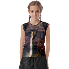 Waterfall Cascade Mountains Cliffs Northern Lights Kids  Raglan Cap Sleeve Tee by danenraven