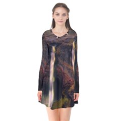 Waterfall Cascade Mountains Cliffs Northern Lights Long Sleeve V-neck Flare Dress by danenraven