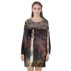 Waterfall Cascade Mountains Cliffs Northern Lights Long Sleeve Chiffon Shift Dress 