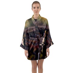 Waterfall Cascade Mountains Cliffs Northern Lights Long Sleeve Satin Kimono by danenraven