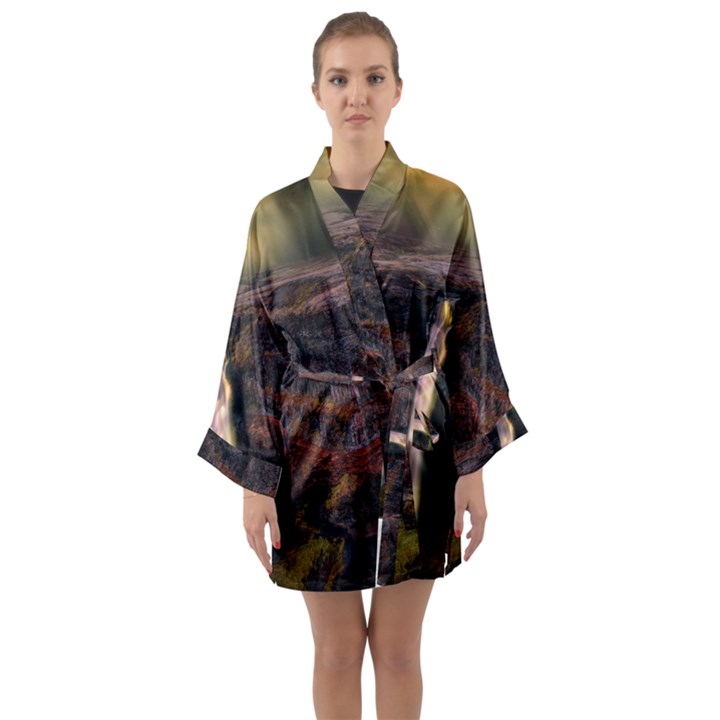 Waterfall Cascade Mountains Cliffs Northern Lights Long Sleeve Satin Kimono